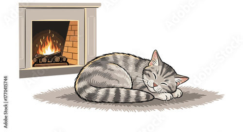 Sleeping cat by fireplace illustration cozy indoor scene with burning fire and comfortable atmosphere