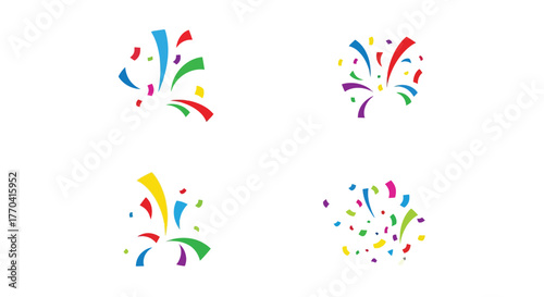 Colorful firework bursts and scattered confetti elements on a white background
