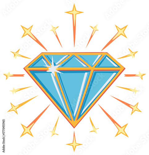 Sparkling Brilliant Blue Diamond Gemstone Vector Illustration With Radiating Star Elements