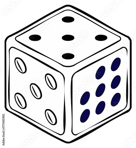 A close up perspective of a single white six sided die with black pips on its faces