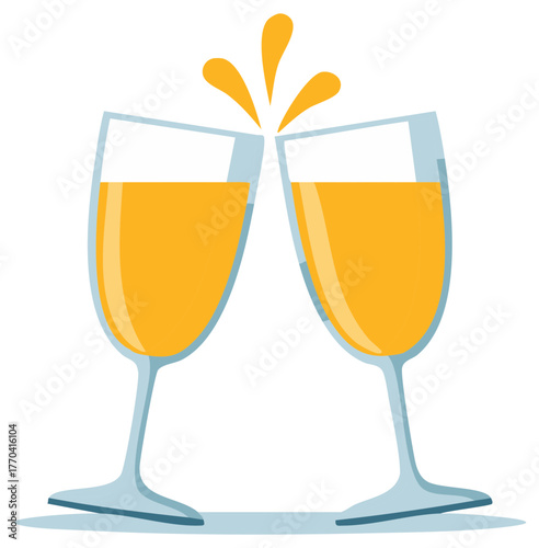 Celebratory toast with two sparkling wine flutes clinking and orange liquid splashing