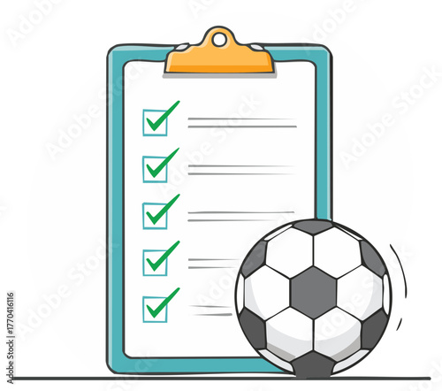 Clipboard checklist with green checkmarks next to soccer ball on horizontal line