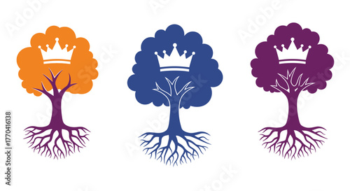 Three stylized trees each adorned with a white crown illustration