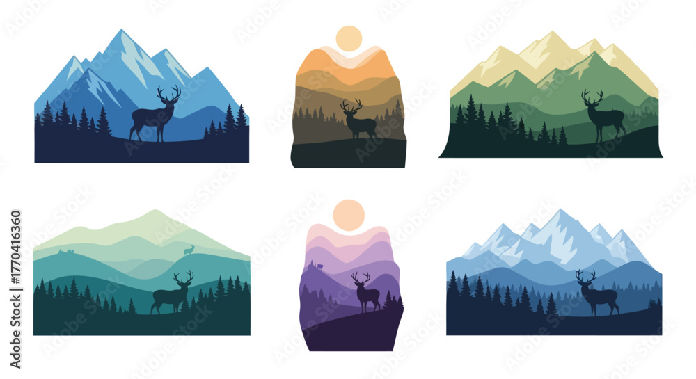 Naklejka premium Stylized mountain landscapes featuring deer silhouettes in varying color schemes