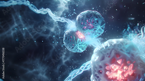 Glowing 3D illustration of meiosis focusing on chromosome pairing and cell division under a digital microscope.