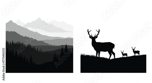 Silhouette of deer against a mountainous landscape in grayscale tones