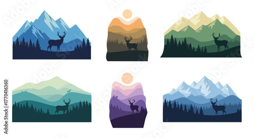 Stylized mountain landscapes featuring deer silhouettes in varying color schemes