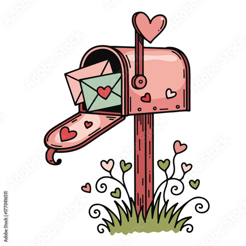 Red mailbox with an open flag for delivery of a message or letter inside the postbox container