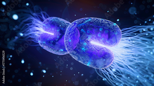 Glowing 3D illustration of meiosis focusing on chromosome pairing and cell division under a digital microscope.