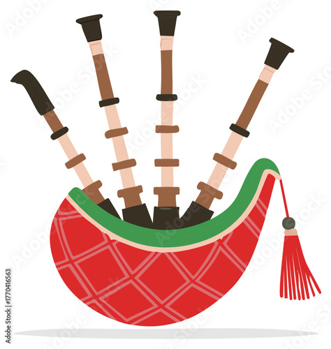 Illustration of a bagpipe, traditional Scottish instrument in red and green color