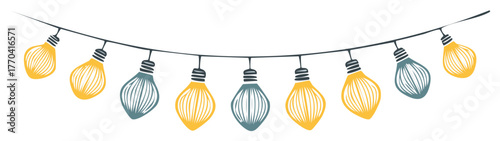 Illustration of string lights with yellow and blue bulbs against white