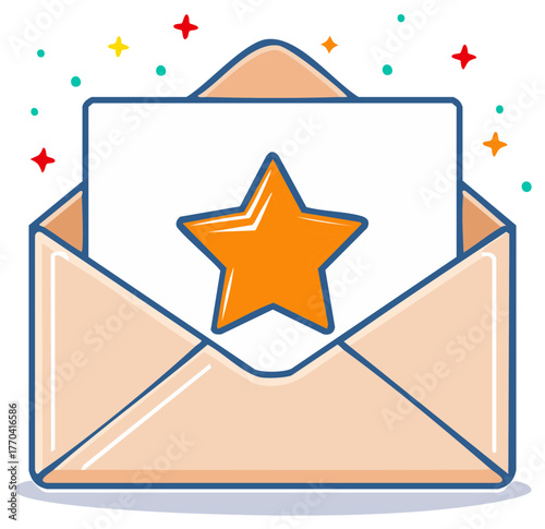 Festive invitation or good news notification with a star symbol in an open envelope