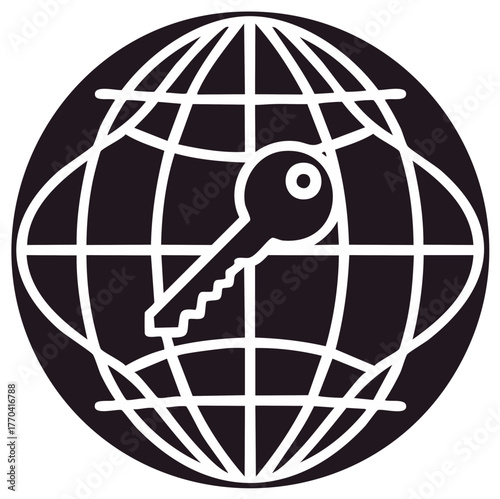 Globe grid with a key icon unlocking the world in black and white graphic design