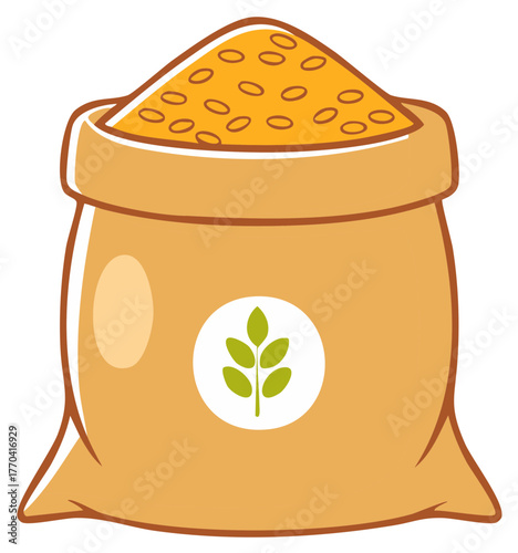 Full burlap sack brimming with yellow grains and a green leaf emblem