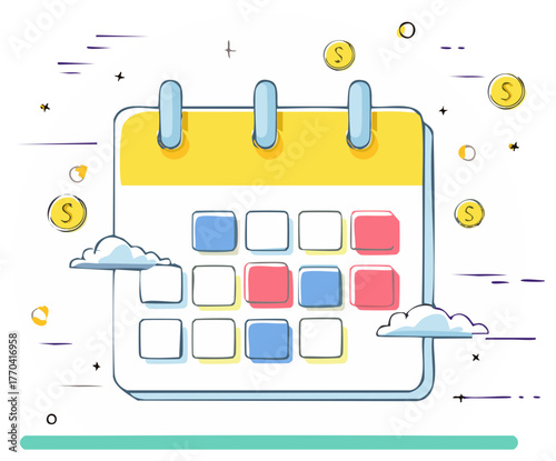 Stylized calendar with coins and clouds for financial planning or scheduling