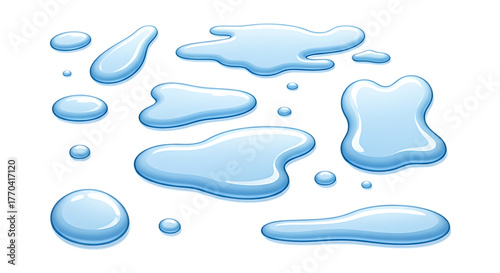 Collection of realistic light blue water splashes and drops in various shapes and sizes isolated on transparent background
