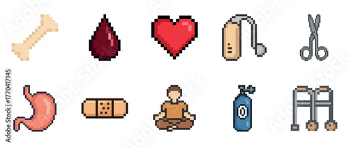 Pixel art medical icons: bone, blood, heart, stethoscope, scissors, stomach, bandage, meditation, oxygen tank, walker