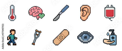 Pixel art medical icons: thermometer brain scalpel ear blood bag more