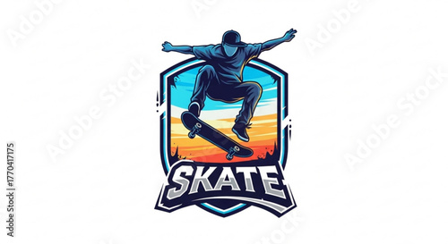 A skateboarder performing a trick with the word skate below and a sunset in the background