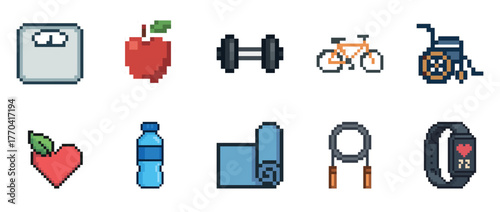 Pixel art health icons: fitness, nutrition, and wellness essentials in retro style