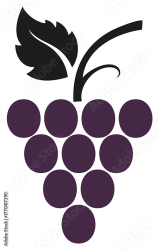 Stylized bunch of purple grapes with a black leaf and stem vector illustration