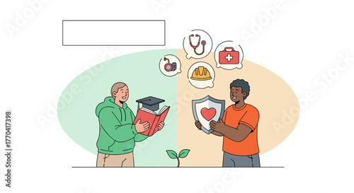 A modern flat illustration depicts a student choosing education and an individual focused on healthcare, representing life's important choices, future planning, and well-being.