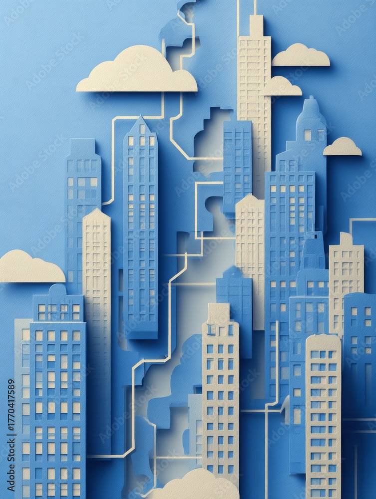 Fototapeta premium Urban Exploration in Minimalistic Flat Illustration with Blue Tones and Clouds