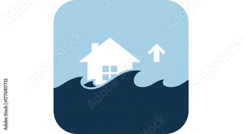 Illustration of a house in flood water with an arrow pointing up, symbolizing rising water levels and the need for flood insurance