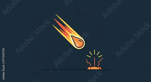 Illustration of a meteor falling from the sky and about to hit the ground, creating a small explosion on a dark blue background