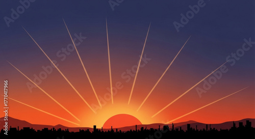 Illustration of a sunset with the sun shining over mountains and a city skyline on a dark blue and orange gradient background