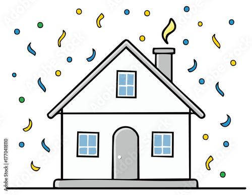 Happy cartoon house with falling colorful confetti, symbolizing new home, celebration, or real estate success