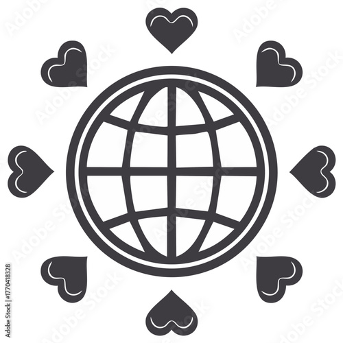 Planet earth globe surrounded by loving hearts symbolizing worldwide care and social network
