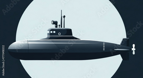 Illustration of a black submarine with a propeller and a periscope underwater vessel for exploration and travel
