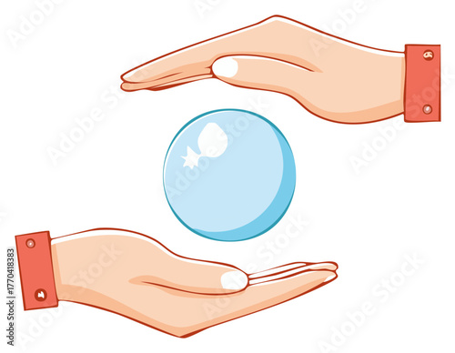 Illustrated hands carefully holding a glowing crystal ball for future prediction and clairvoyance