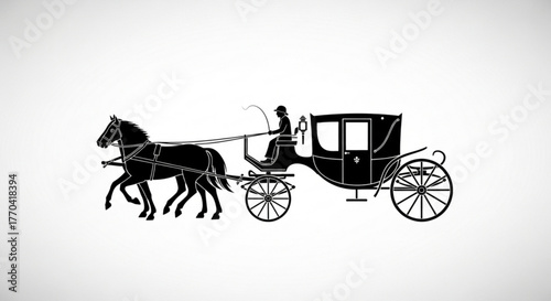 Illustration of a horsedrawn carriage with a coachman, the carriage is black and the background is white