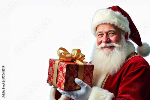 Elegant Santa Claus with gift box on white background. Classic Santa holding Christmas present with smile. Holiday portrait of Santa with copy space PNG.
