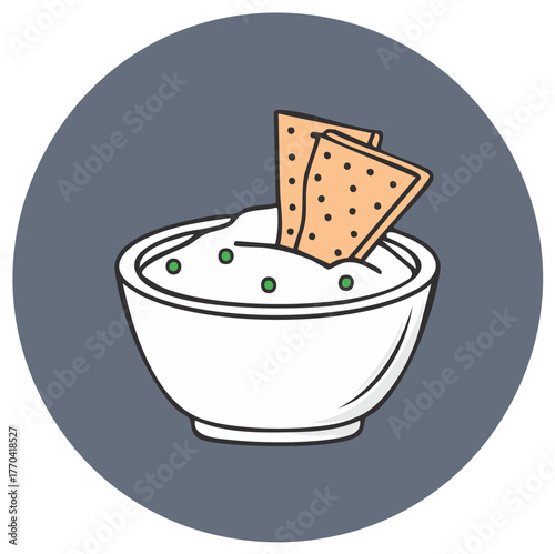 Cartoon illustration of a savory cream dip with crackers in a white bowl icon