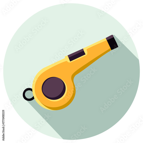 Bright yellow whistle with dark mouthpiece and a ring for lanyard flat icon with long shadow