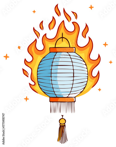 Hand drawn illustration of a traditional Asian paper lantern engulfed in flames and sparks
