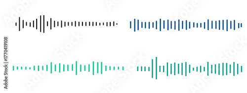 A audio set of vector audio sound wave icons, illustrating wave forms, voice signals, or digital equalizer patterns in a simple black and white line style.	
