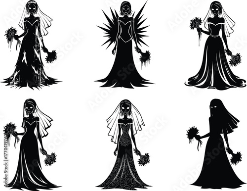 Six different style illustration of zombie brides in veils holding flowers, black silhouette horror wedding woman vector on white background