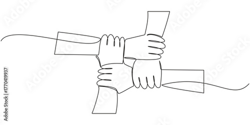  Continuous one line drawing group of young male and female business people unite their hands together to form a five star shape. Unity teamwork concept single line draw design vector illustration
