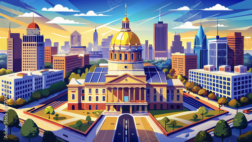 Very beautiful aerial drone view of Georgia State Capitol Building in Atlanta, golden dome, surrounded by downtown skyline, clear sky, urban landscape, trees, streets, detailed architecture, vibrant 