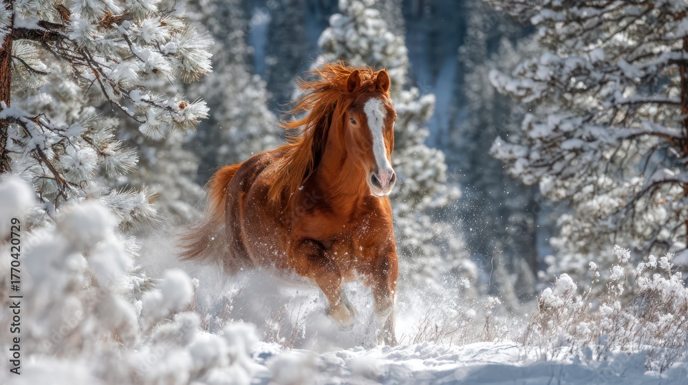 Obraz premium A fiery red horse rears up in a snowy pine forest, festive New-Year 2026 card template