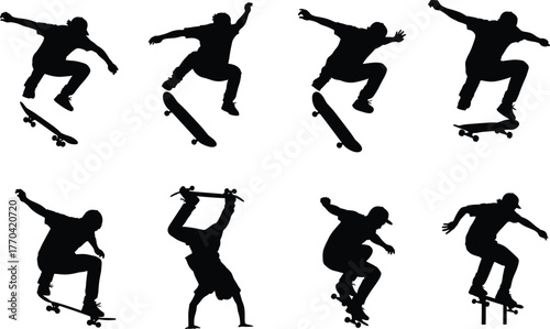 Skateboarder silhouette vector performing extreme tricks, mid-air stunts, freestyle skateboarding action, urban sport movement, ramp jump and rail grind