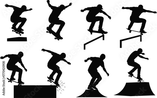 Skateboarder silhouette vector performing tricks on ramps and rails, extreme sport action, freestyle skateboarding movement, urban stunt illustration set