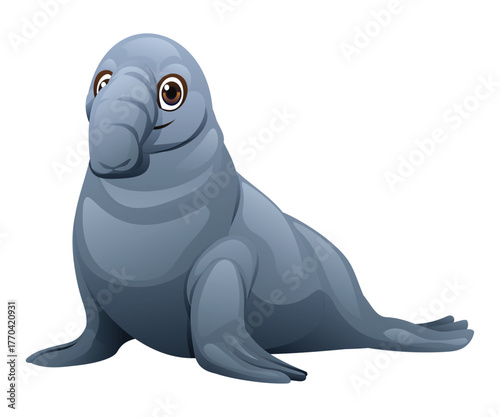 Cute smiling elephant seal with large nose resting on land with its flippers, marine animal mammal looking forward. Vector cartoon illustration