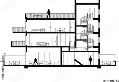 Architectural cross section drawing of a modern multi story building interior with furniture and people