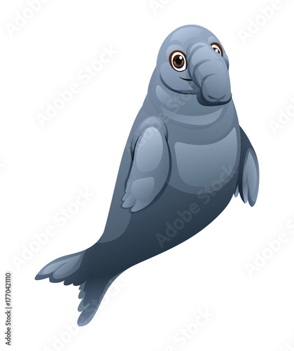Cute swimming elephant seal with large nose and streamlined body, a large marine mammal of the ocean or sea. Vector cartoon illustration