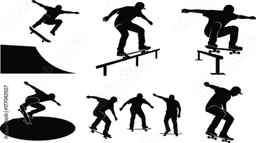 Skateboarder silhouette vector set showing aerial tricks, rail grinding, jumping, landing, and synchronized skateboarding poses for sports-themed design content